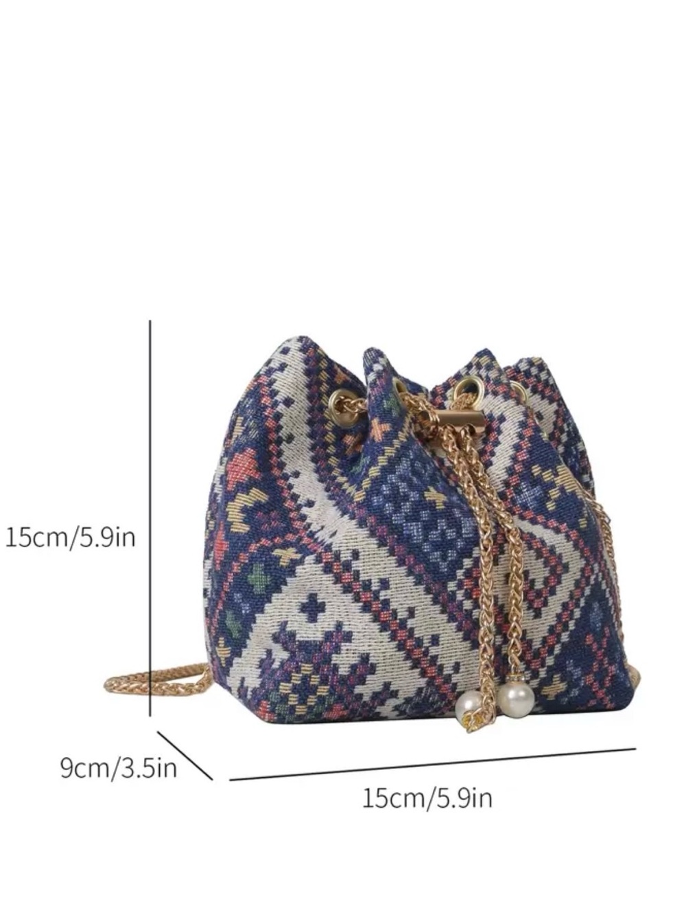 Woven Boho Drawstring Bucket Bag - Navy Pattern - Picture 5 of 7